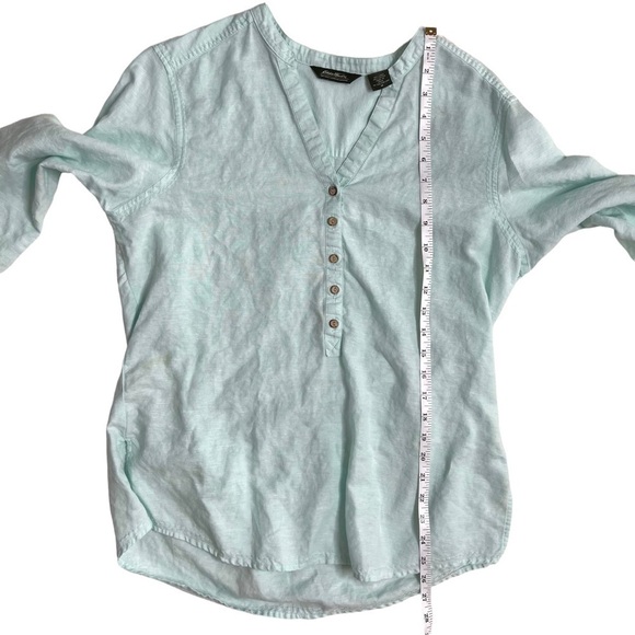 Eddie Bauer Y2K Mint Green Linen 1/2 button 3/4 Sleeve Blouse Shirt Size Medium - Picture 12 of 14